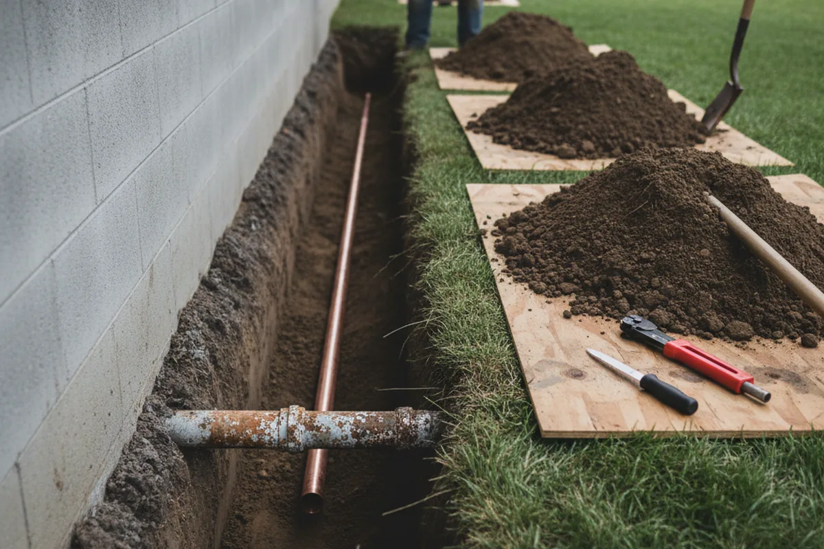Excavated water line trench during Water Softener Installation in Groton